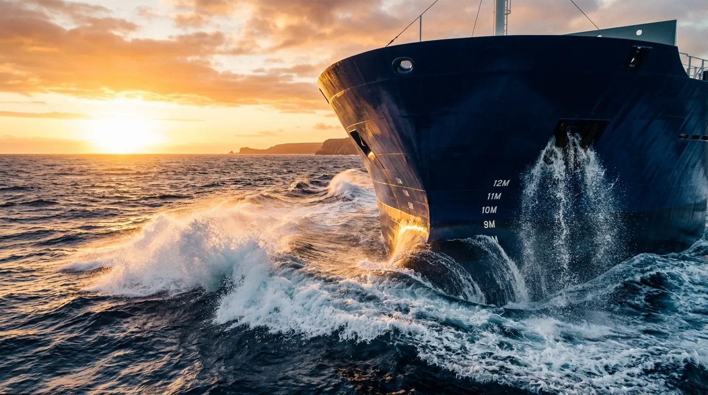 Bulk carrier bow cutting through ocean water at sunrise