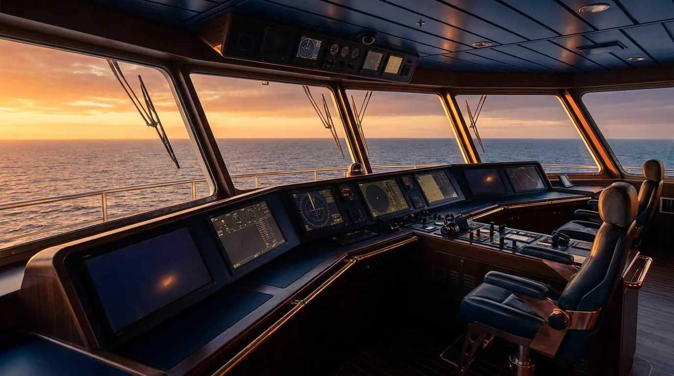 Modern ship bridge control room at golden hour