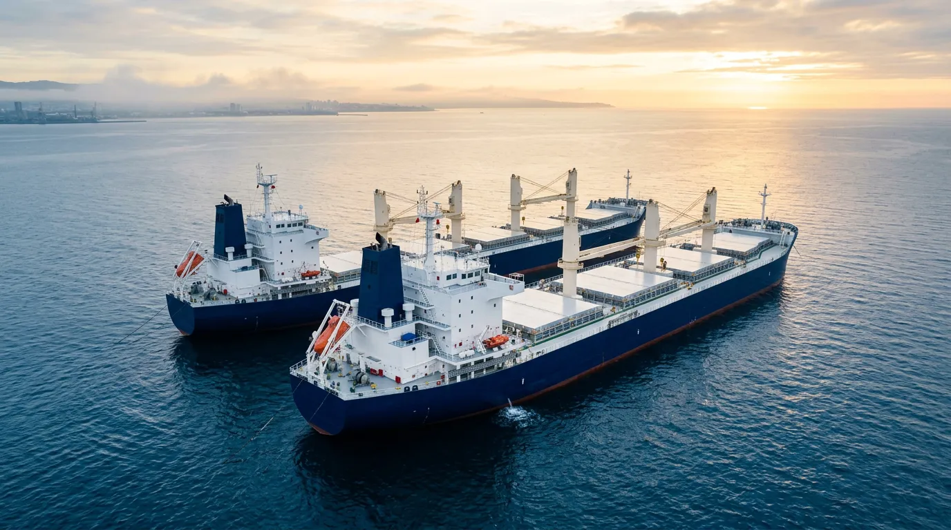 Two bulk carriers at anchorage at dawn